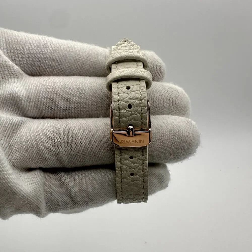 Nine West Women's Rose Gold-Tone Quartz Watch White Leather Strap